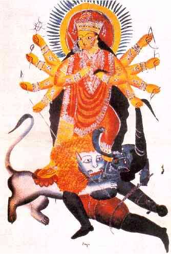 Durga annihilating Mahisasura. CLICK to go back
